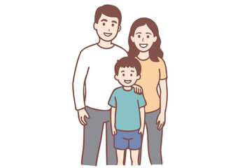Family, father, mother, child, standing for a family photo. Hand drawn style vector design illustrations.