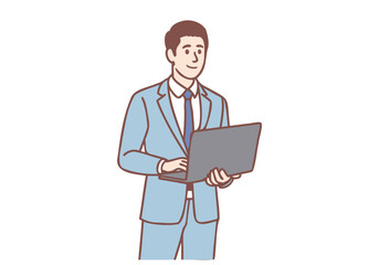 Young businessman holding a laptop. Hand drawn style vector design illustrations.