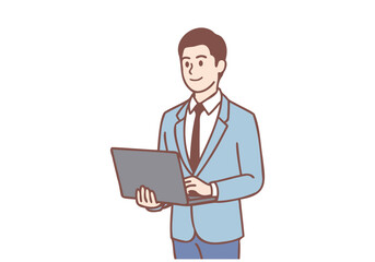 Young businessman holding a laptop. Hand drawn style vector design illustrations.