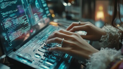 hands, people, and keyboard typing for data, information, and study using system technology. A woman, a screen, and an overlay with cybersecurity programming, code, or software updates
