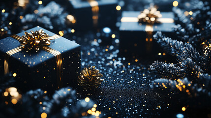Elegant Christmas composition featuring navy blue gift boxes with gold bows amidst glittering decoration and bokeh lights, creating a luxurious and magical holiday atmosphere