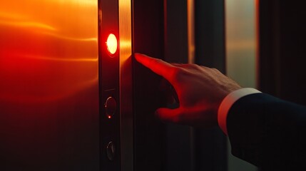 A man is pushing the elevator button. The elevator button is pressed with a finger. The red button. light at sunset. An entrepreneur is a lift. elevated floor. A hand grabs for the elevator call