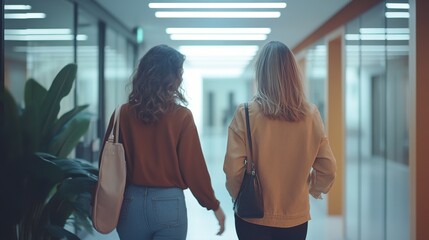 Obraz premium Two Women Walking in Modern Office Environment