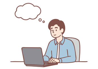 A young businessman is doing something and thinking. Hand drawn style vector design illustrations.