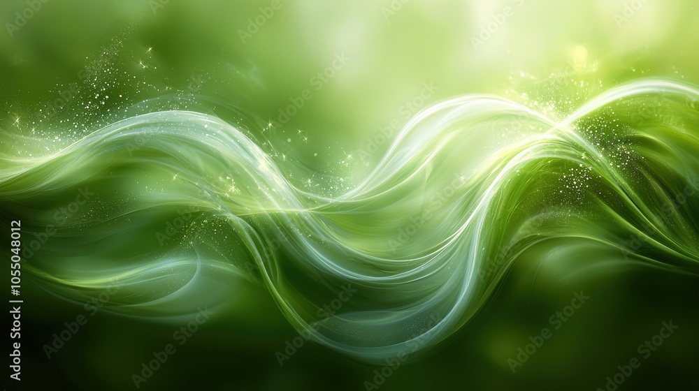 Poster swirling green waves of light create an ethereal atmosphere in a tranquil forest setting during earl