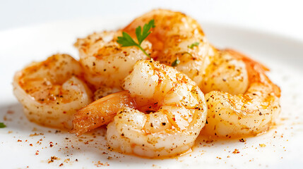 Delicious peeled boiled prawns sprinkled with spices and herbs