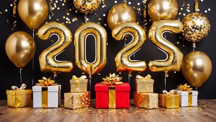 Fototapeta premium 2025 Happy New Year on purple background with glitter