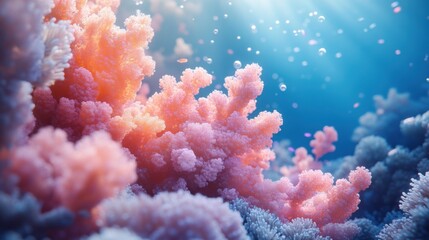 Colorful coral formations in an underwater scene.