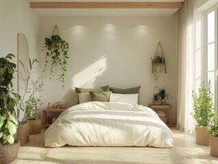 White walls with green accents, cream bed, and potted plants
