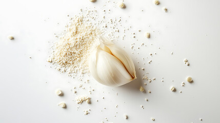 Close up of single garlic clove with garlic powder scattered around, showcasing its texture
