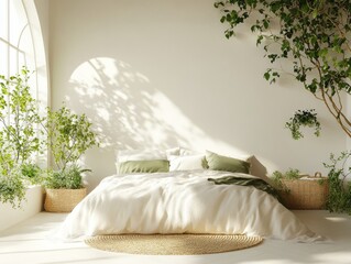 White walls with green accents, cream bed, and potted plants