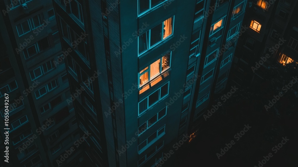 Poster A building with many windows and a light shining through one of them