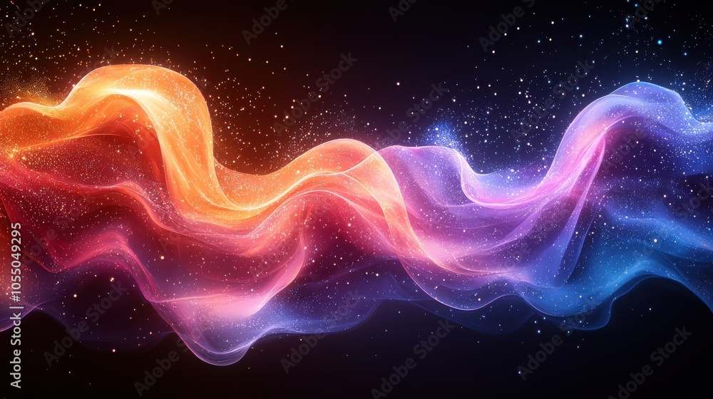 Poster colorful abstract wave pattern with vivid hues and sparkling effects set against a dark background