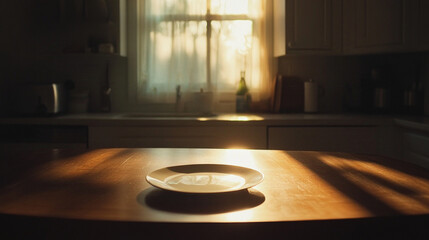 Light is coming in from the window in the kitchen at dusk and there is an empty plate on the table.
