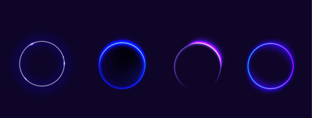 Solar eclipse circles showing moon covering sun on dark background. Glowing purple neon rings with bright luminous effects capture celestial phenomenon. Radiant circular shapes of astronomical event.