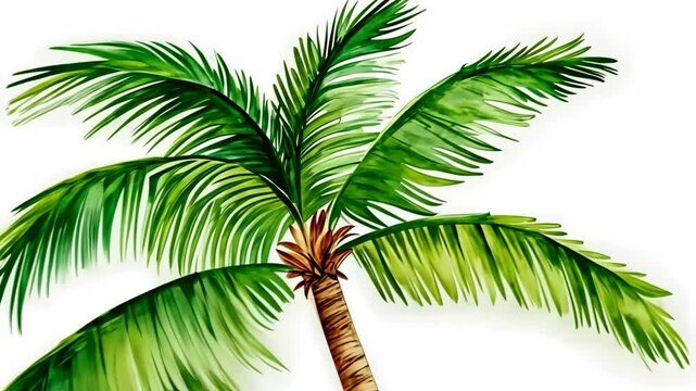 A watercolor painting of a palm tree with vibrant green fronds