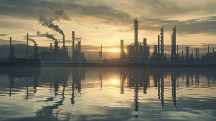 Obraz premium Scenic view of an industrial refinery at sunrise, with smokestacks and reflections in calm water, illustrating industry and environmental impact