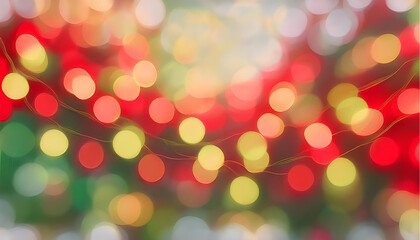 Fototapeta premium Christmas lights bokeh, watercolor background, warm reds, greens, and golden glow, soft abstract pattern
