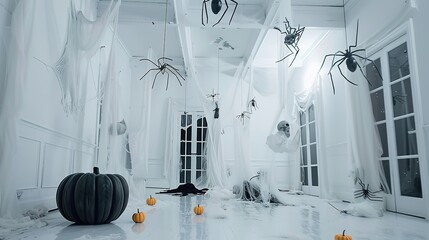 Halloween Decorations in a White Room - a stylish and contrasting festive display. The white room accentuates the Halloween decorations, creating a modern and spooky atmosphere.