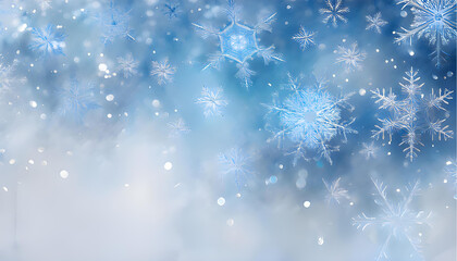 Christmas snowfall abstract, watercolor shades of white, light blue, and silver, layered snowflakes in soft focus