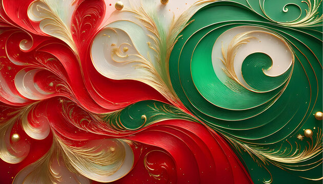  Red and green Christmas swirls, abstract watercolor with gold accents, flowing soft shapes, festive spirit