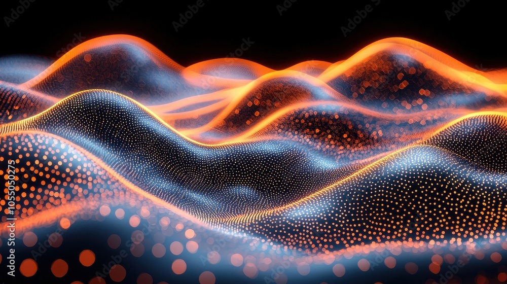 Poster abstract representation of waves with glowing dots and lines in a dark background, showcasing a digi
