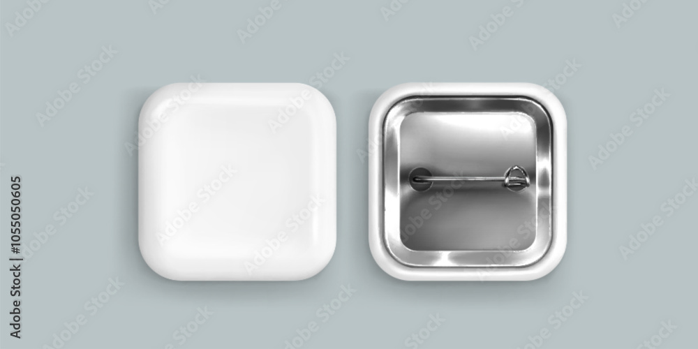 Aufkleber square pin button mockups set isolated on background. vector realistic illustration of blank badge f