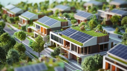 Future City Planning: 3D Model with Solar Panels and Green Rooftops