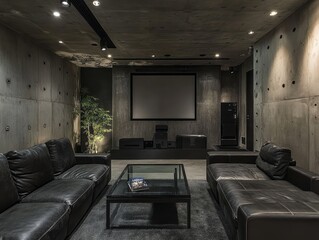 Fototapeta premium Smooth concrete walls and dark wood flooring, this home theater basement features an elegant and contemporary combination