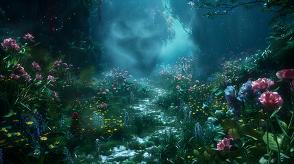 Fototapeta premium Enchanted Forest Path with Pink Flowers and a Misty Glow