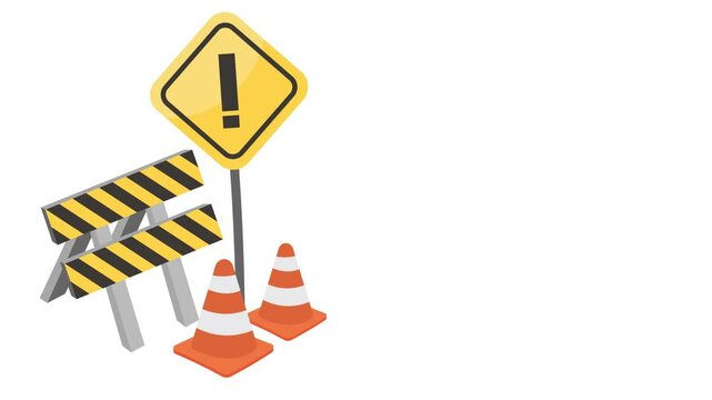 animated road sign illustration, under construction warning, transparent background, alpha channel settings, looping animation
