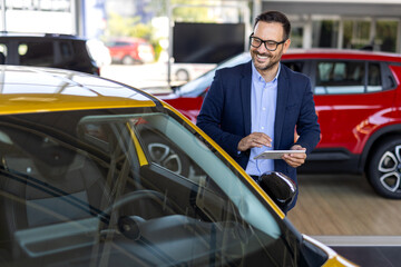 Successful deal in a car showroom. Handsome male car salesman working in the showroom. Salesperson...