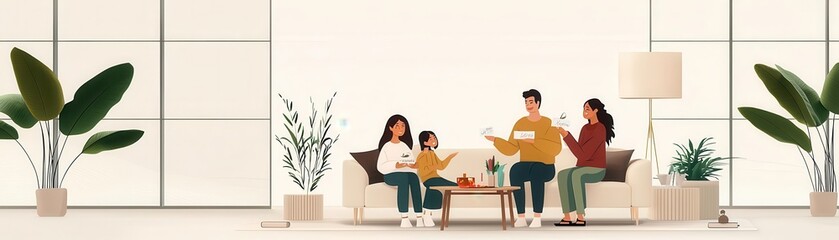 Obraz premium New Year 2025, family gathered to discuss resolutions and embrace a fresh start, cozy living room, flat design illustration