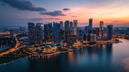Obraz premium Twilight Reflections: Aerial View of Modern City by Water with Sustainable Development Zones