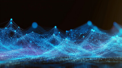 Dynamic, glowing abstract network of lines, threads, and nodes over a dark background, representing futuristic technology, data science, AI application, and IT innovation