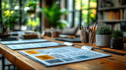 A workspace with design materials and plants for creative projects.