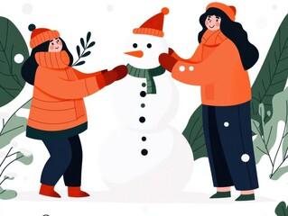 Snowy outdoor scene with family building a snowman, celebrating winter holidays with togetherness, flat design illustration