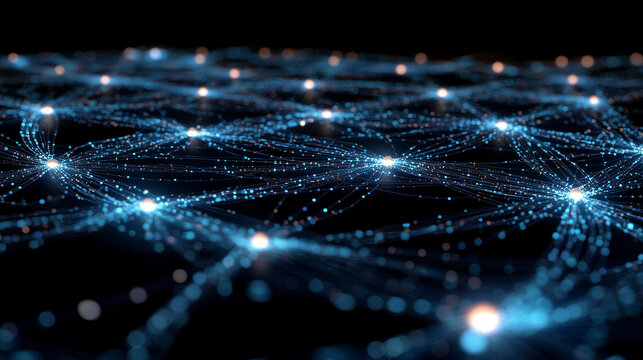 Vivid, pulsating abstract grid of threads and nodes against a dark surface, representing the forefront of technological progress, data intelligence, AI capabilities, and IT advancements