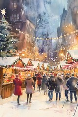 Naklejka premium Christmas market, festive stalls, lights and decorations, watercolor style