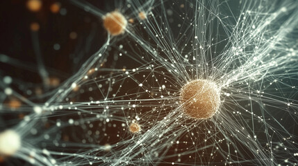 Mesmerizing, glowing composition of interwoven threads and nodes set against a dark backdrop, illustrating the realm of advanced technology, data science, AI breakthroughs, and IT solutions