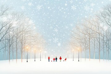 White snowcovered park with children playing, snowflakes falling gently, flat design illustration