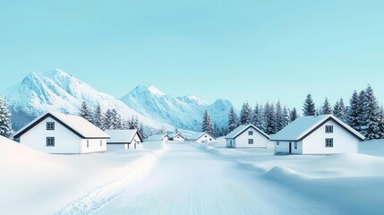 White snowcovered village under a clear blue sky, cozy cabins and quiet streets, flat design illustration