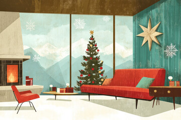 Mid century modern holiday interior design Christmas card style background illustration retro vintage interior minimalist colorful desgn art Christmas tree living room decor