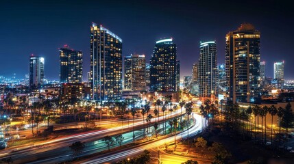 Obraz premium Glowing Cityscape: Modern Skyscrapers at Night with Urban Lights and Infrastructure