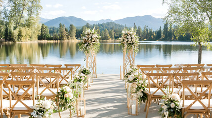 serene lakeside wedding venue with beautiful floral arrangements and mountains in background