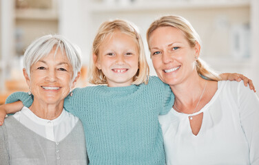 Happy family, elderly woman and child in portrait with love, positive and care for bonding in home. Grandmother, daughter and kid in living room together for support, connection or affection in house