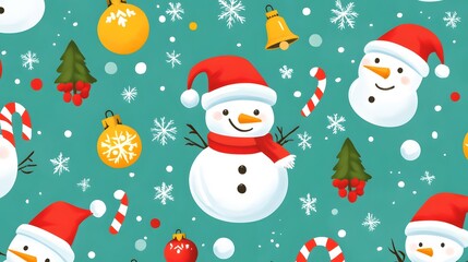 Cute and cheerful cartoon Christmas icons including snowmen bells and candy canes arranged in a festive pattern