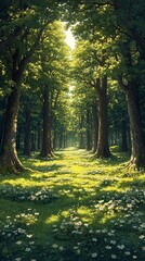 A serene forest pathway illuminated by sunlight, surrounded by lush greenery and flowers.
