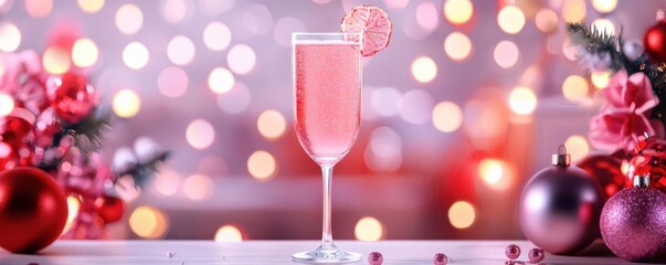 Holiday champagne cocktail with sparkling bubbles, festive decorations, flat design illustration