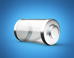 Transparent Shiny Empty Glass Battery Cell With Gray Metal Caps On Blue Background 3d Illustration